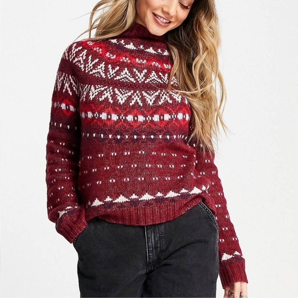 American Eagle Fair Isle Knit Mock Neck Wool Blend Burgundy Sweater – Size Small